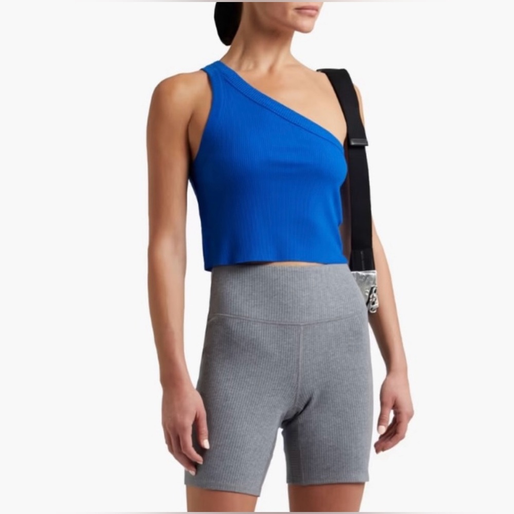 WSLY One-Shoulder Ribbed Crop Top in Wave Blue Size L